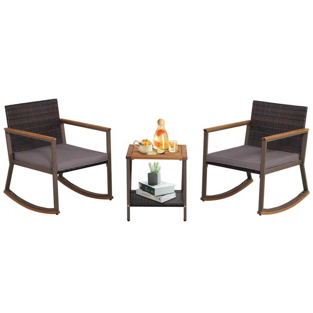 3 Pieces Rattan Rocking Bistro Set, Patio Conversation Sets with Coffee Table and Cushions-Off Navy