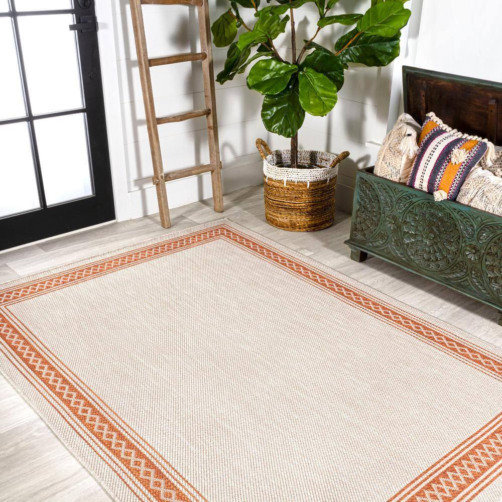3' x 5' Lucia Classic Diamond Border Indoor/Outdoor Area Rug, Cream/Orange - JONATHAN Y