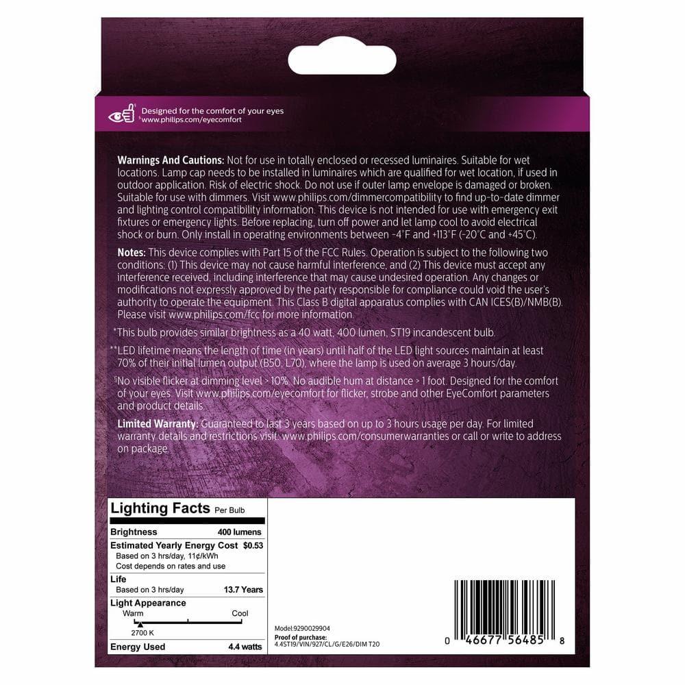 Philips LED 40W Clear ST19 Soft White: Dimmable, 400 Lumens, E26 Base, Energy Star Certified, 2-Pack