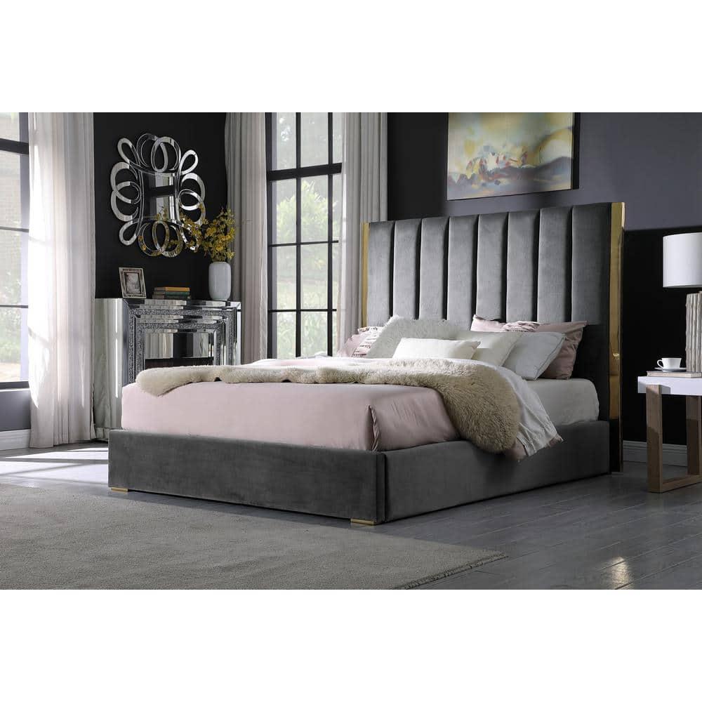 Cama con Plataforma King de Terciopelo Gris Oscuro Jalen con Detalles Dorados