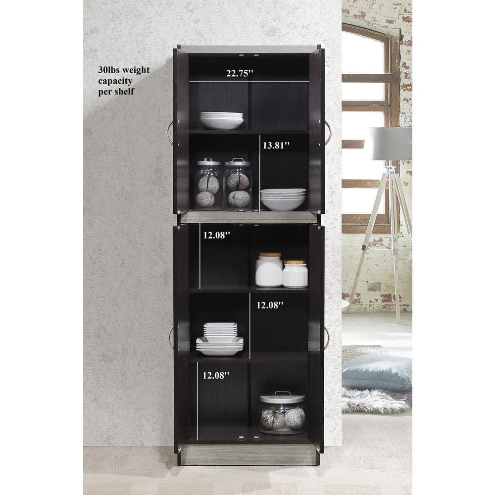 Hodedah 4 Door Kitchen Pantry 4 Shelves 5 Compartments in Chocolate-Grey Wood