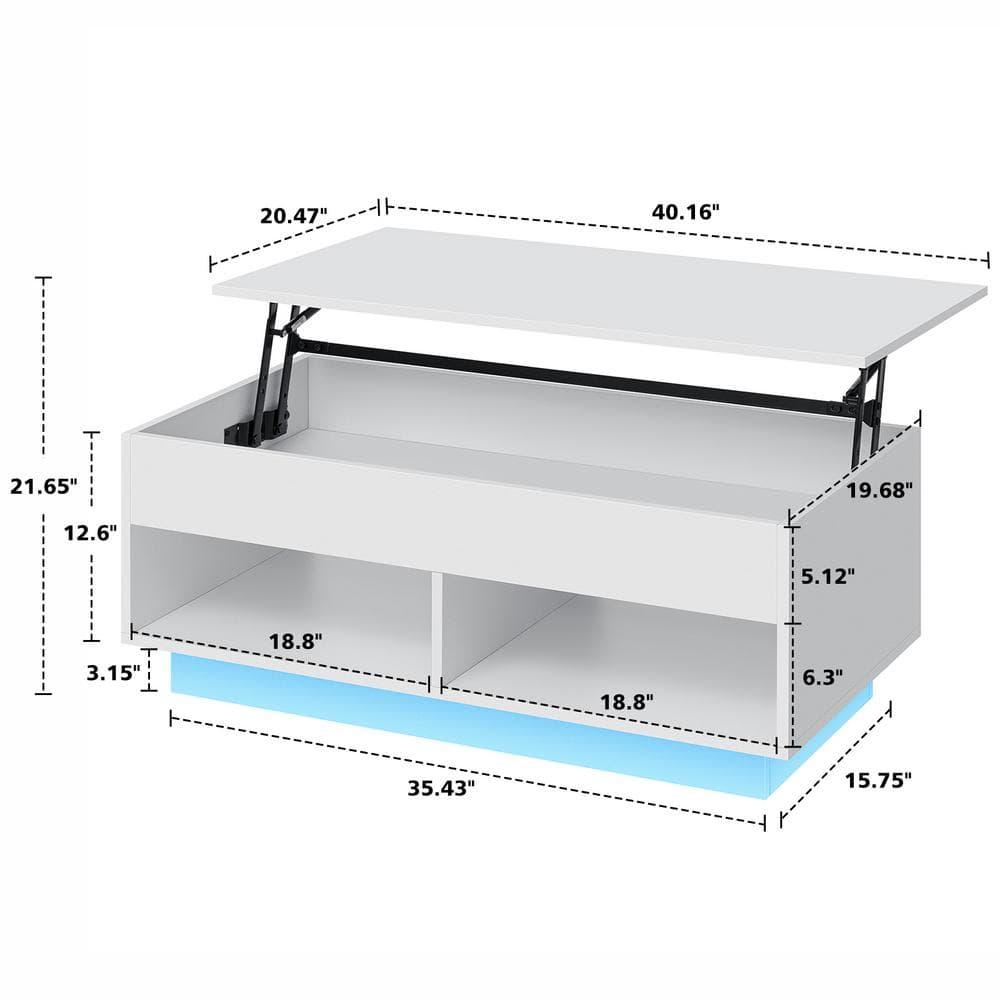 40" Modern Lift Top Coffee Table with Hidden Compartment White Coffee Table with LED Lights High Gloss Cocktail End Table with Open Shelf
