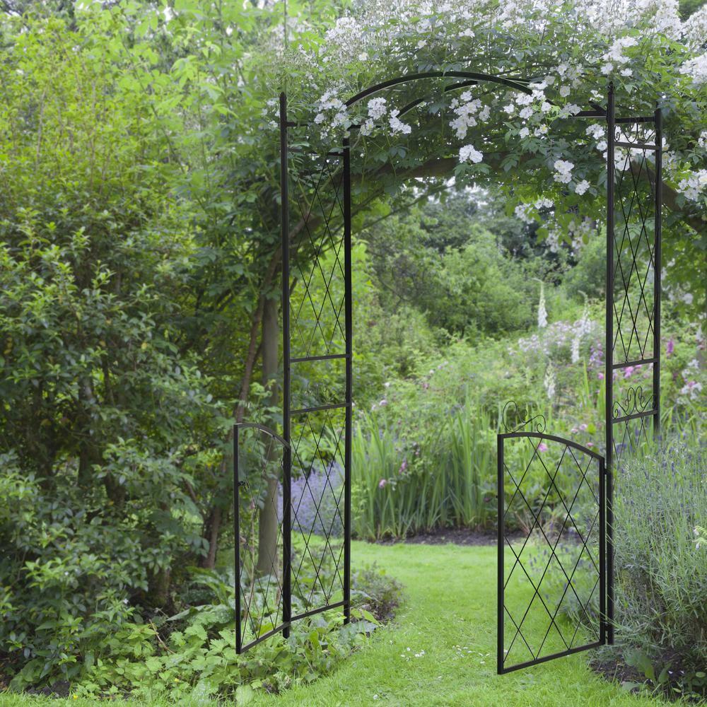 Black Metal Garden Arch Arbor Trellis with Gate for Outdoor Decoration
