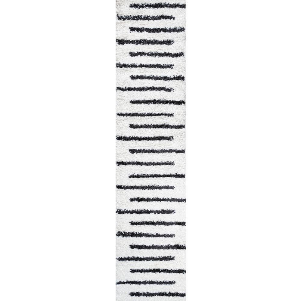 2'x10' Alaro Berber Stripe Shag Runner Rug, White - JONATHAN Y