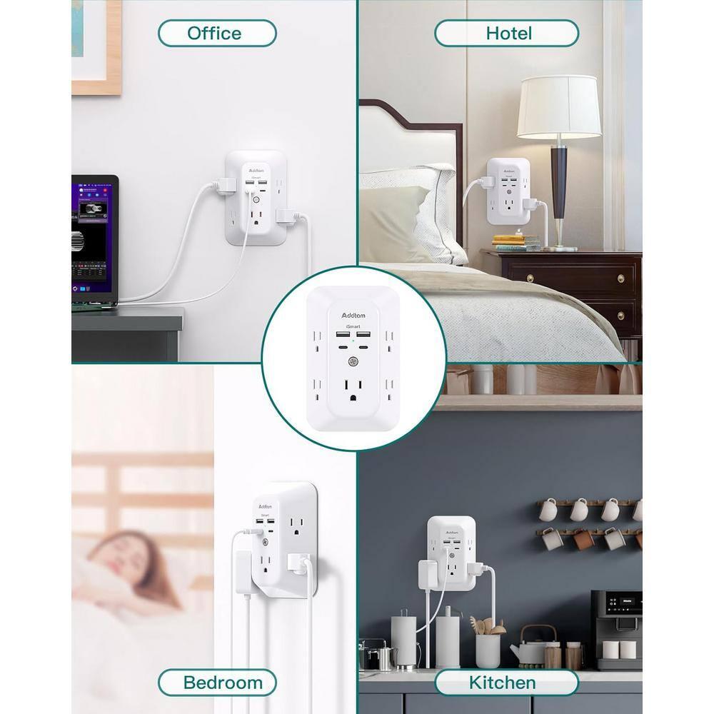 Surge Protector Outlet Extender - Addtam 5-Outlet Splitter with 4 USB Wall Charger(2 USB-C Ports), Multi Plug Outlet Power Strip for Home, Dorm Room Essentials