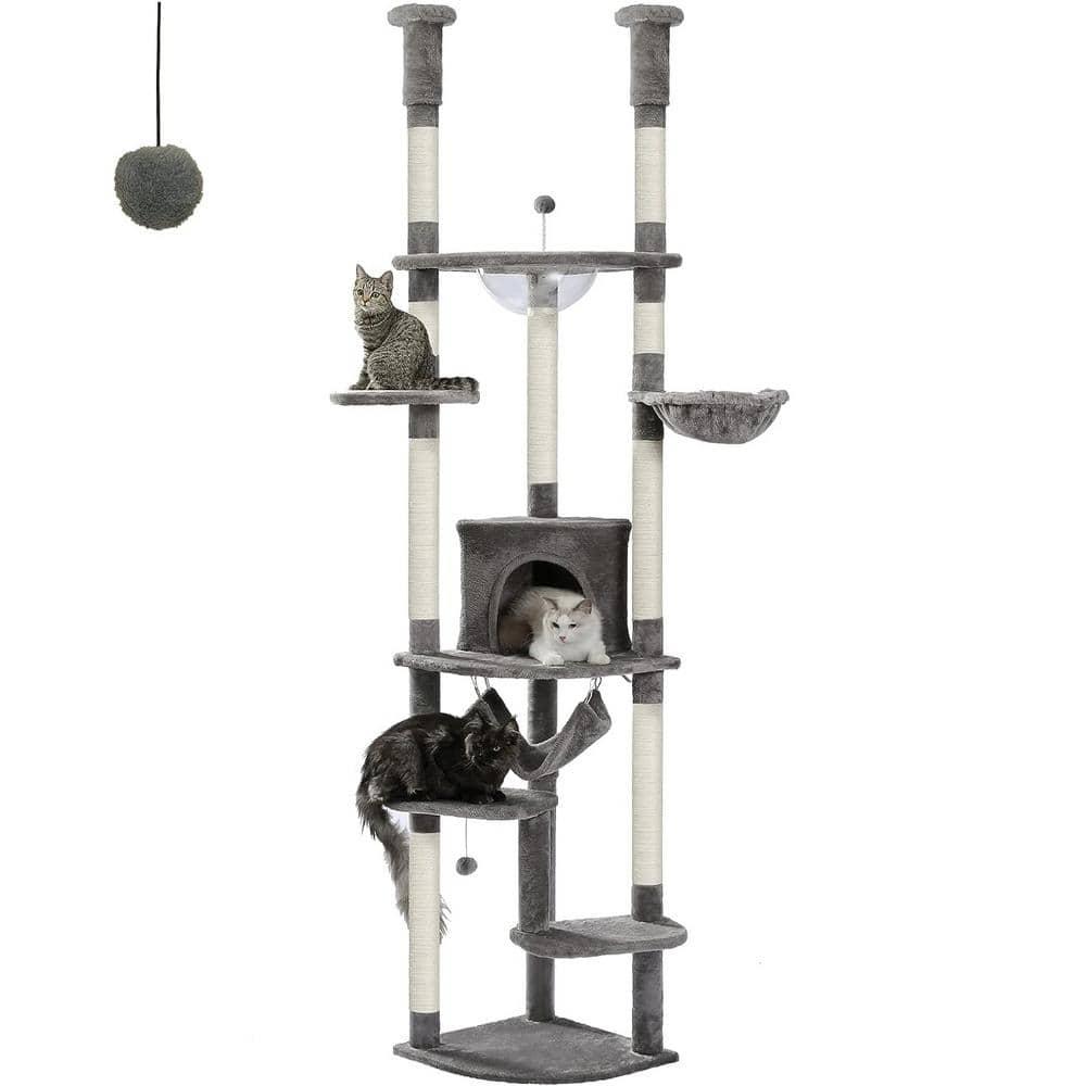 PEQULTI Floor to Ceiling Cat Tree 92.9’’-101.6’’ Height Adjustable Cat Tower Tall Kitty Climbing Play House with Scratching Posts, Cozy Condo, Perches and Large Hammock for Indoor Cats Gray