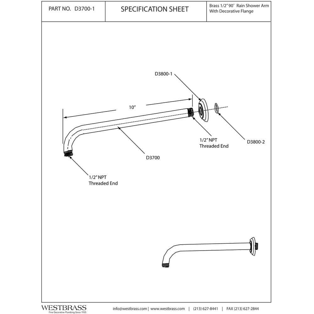 1/2" IPS x 10" IPS Wall Mount 90-Degree Rain Shower Arm with Flange