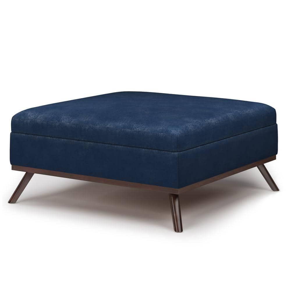 Simpli Home Owen 36"W Upholstered Square Coffee Table Storage Ottoman with Lift Top and Solid Wood Legs