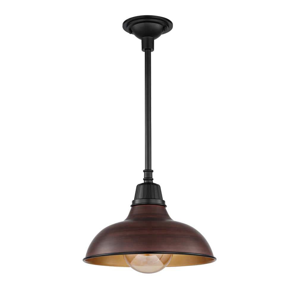 Jasper 12.25" 1-Light Farmhouse Industrial Indoor/Outdoor Iron LED Pendant, Wood Finish/Copper