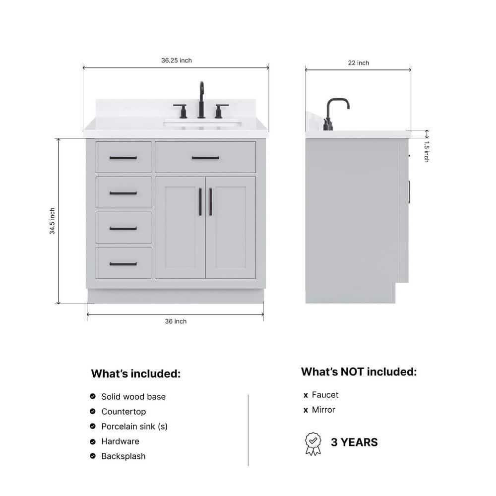 Thornaby 36'' Solid Wood Single Bathroom Vanity with 1.5'' Carrara Quartz Top, Left Offset Oval Sink