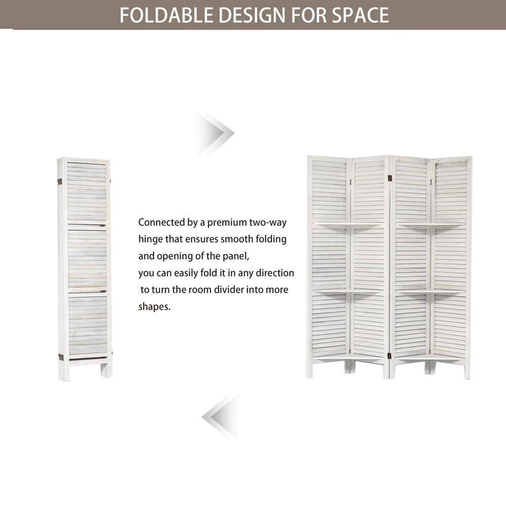 Dovelina 4 Panel Room Divider with Shelves, 5.6Ft Portable Wood Room Partitions, White