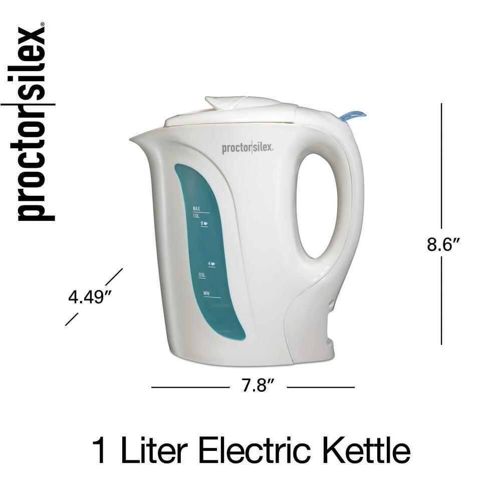 Proctor Silex Electric Kettle, Auto Shutoff, Boil-Dry Protection, 1 Liter, White, New, K2070PS