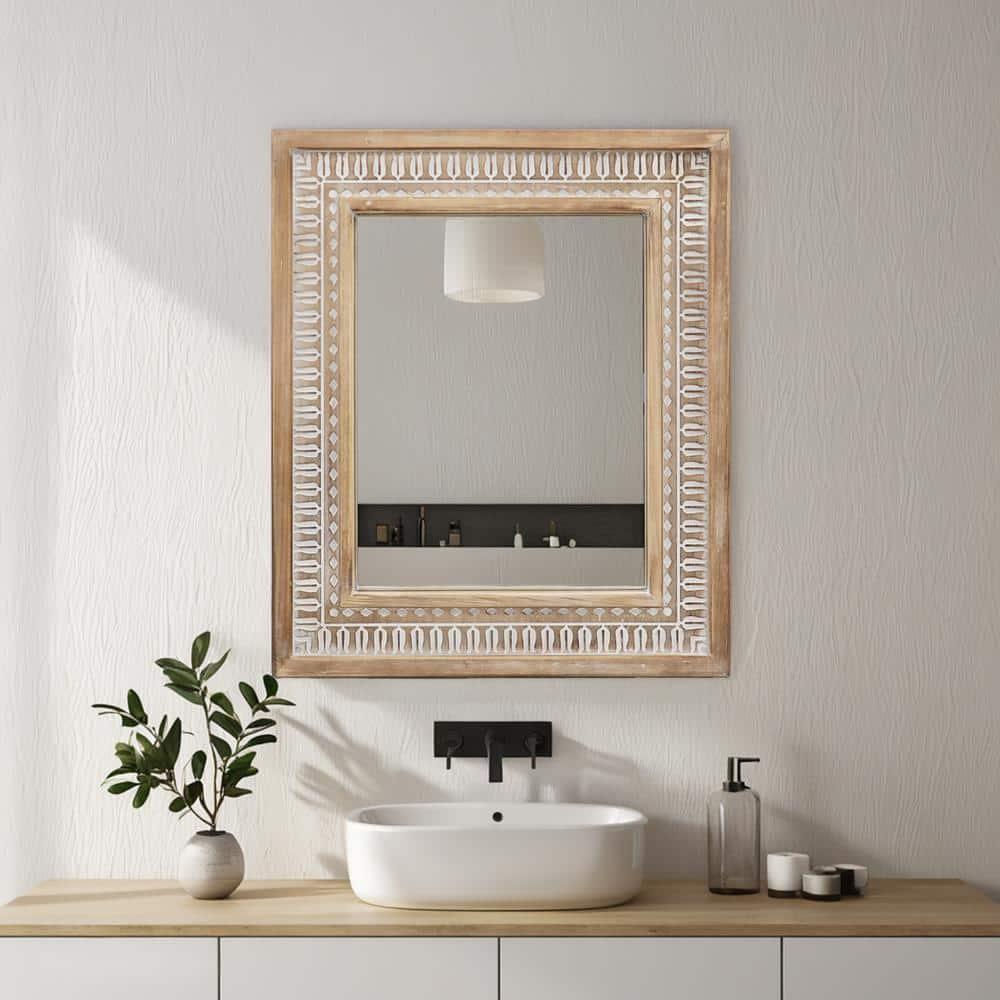 Parisloft Rectangular Carved Wood Wall Mirror - 20 x 23.6 Inches, Farmhouse Wood Mirror for Bathroom, Living Room or Bedroom, Rustic Brown and White