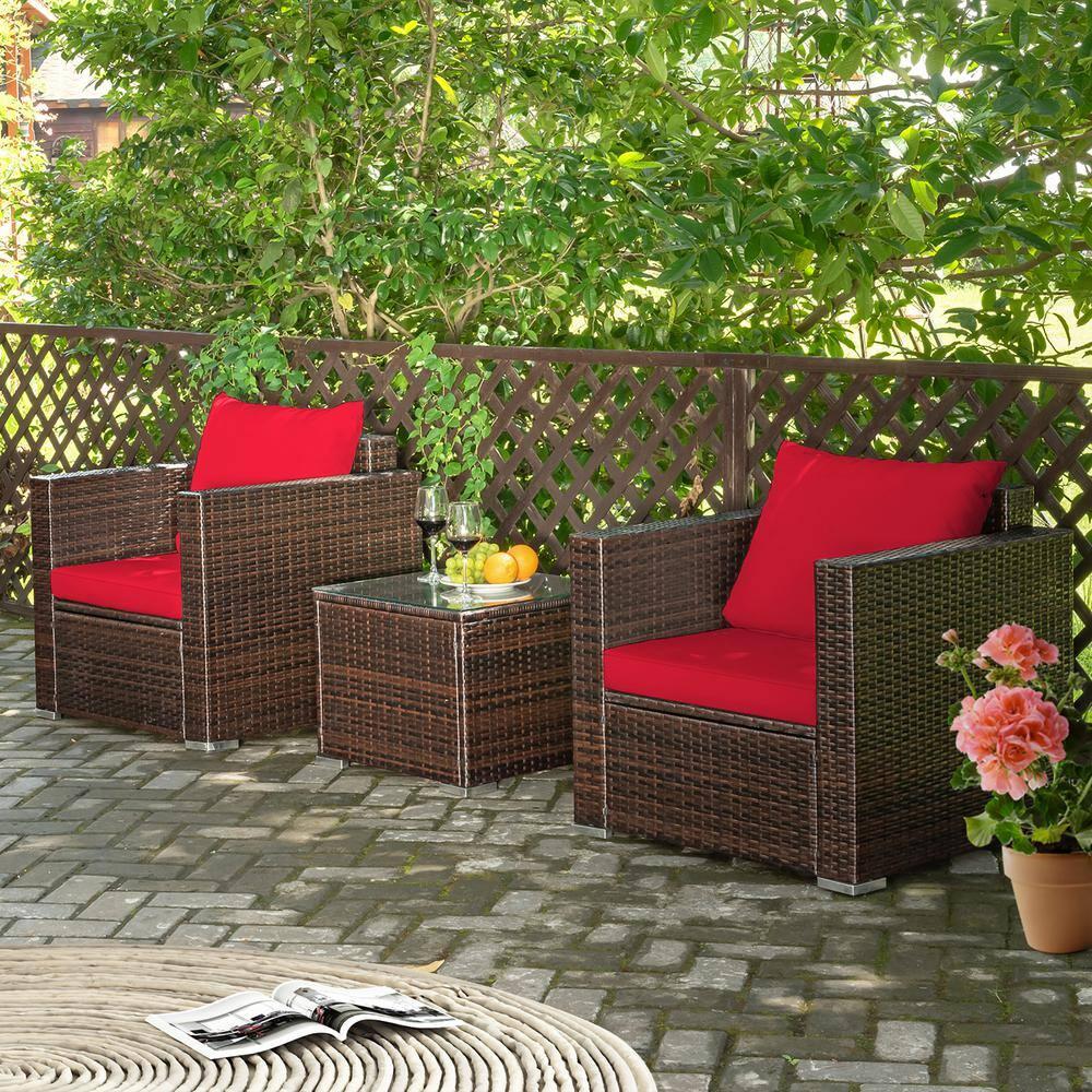 Costway 3PCS Patio Rattan Wicker Furniture Set Sofa Table W/Cushion Yard Red