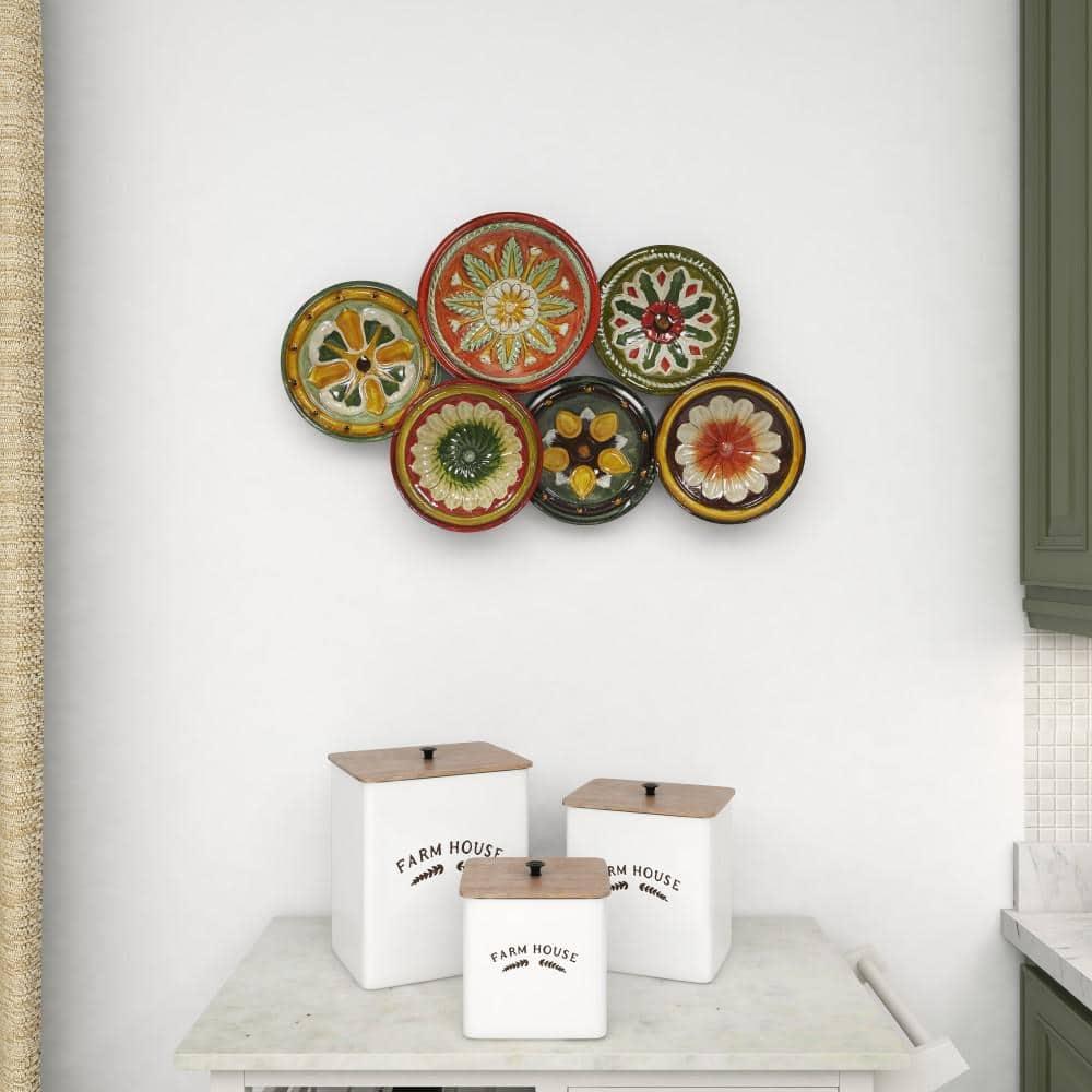 DecMode Rustic Metal Multi Colored Round Plates with Flower Petal Design Wall Decor, 31"W x 19"H