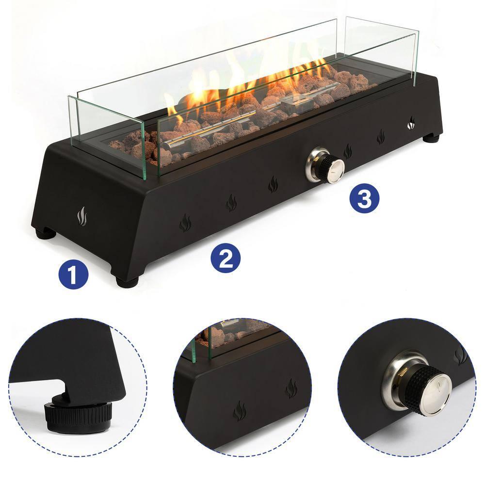 Tabletop Fire Pit with Quick Connect Joint, Glass Wind Guard and Lava Rock