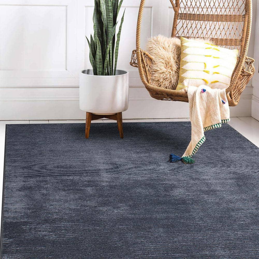 World Rug Gallery Contemporary Distressed Stripe Machine Washable 7'7"x9'6" Dark Gray Area Rug:  Stain-Resistant Flat Pile