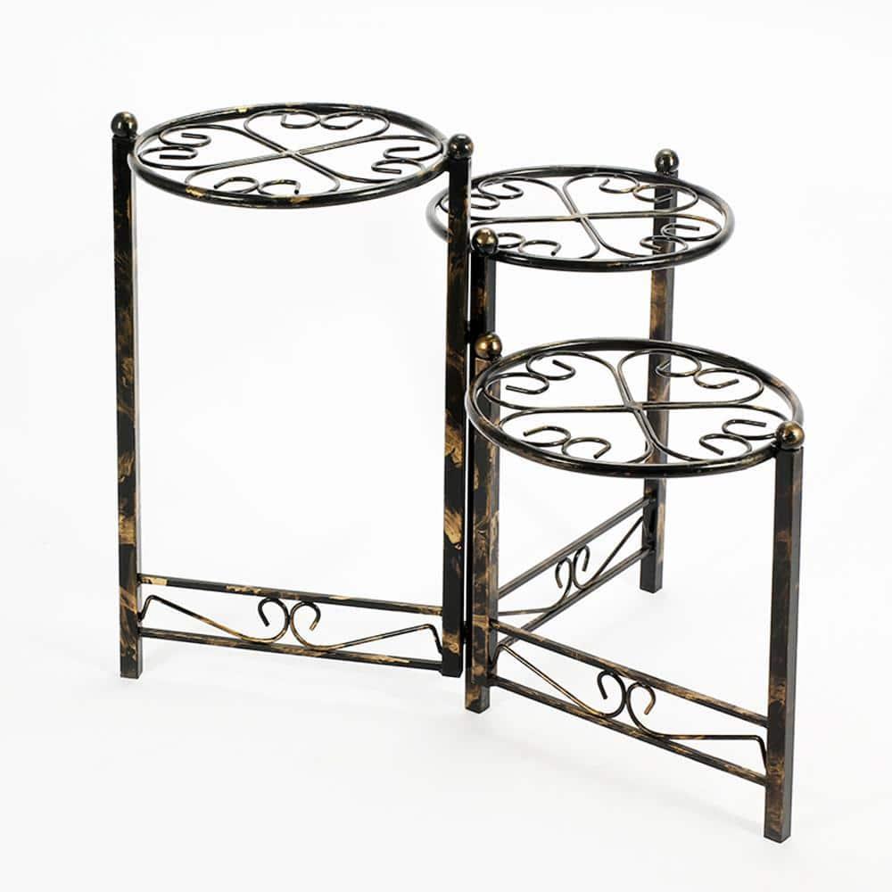 3 Tier Heart Clover Design Round Top Metal Plant Stand, Black- Saltoro Sherpi