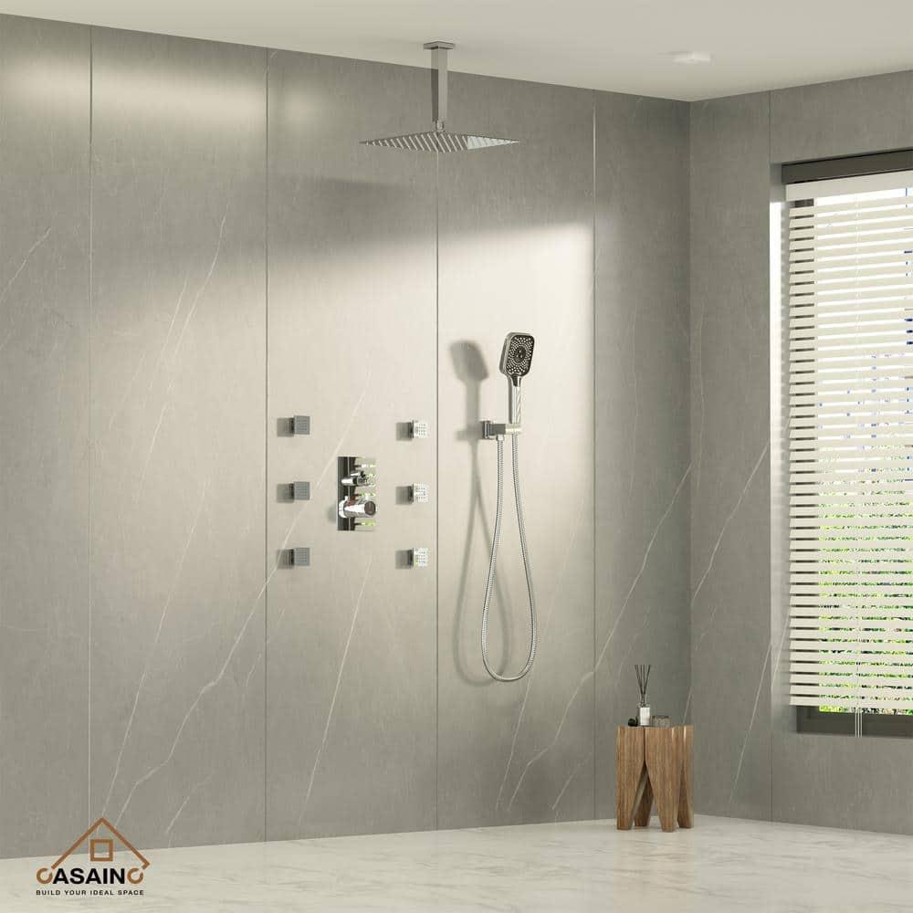 Revitalize 3-Function 12 Inch Ceiling Mount Rainfall Thermostatic Shower System with 6 Body Jets