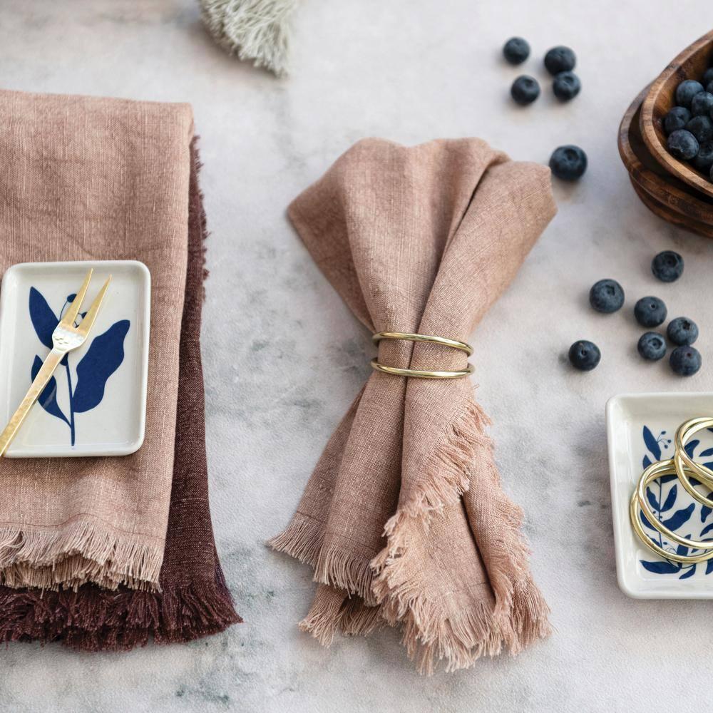 Bloomingville Square Linen Napkins with Fringe, Set of 4, Putty Orange and Aubergine