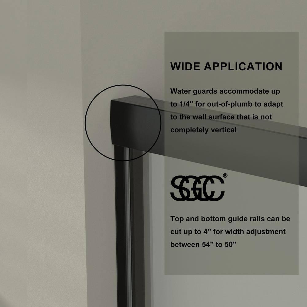50-54" W x 72" H Semi-Frameless Sliding Glass Shower Door, Matte Black Finish Shower Door with 1/4'' (6mm) Clear SGCC Tempered Glass