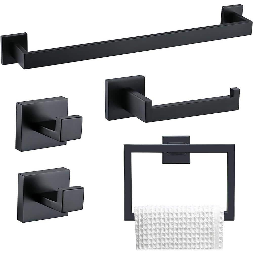 TURS Black Towel Bar Set Bathroom 5-Piece Bathroom Hardware Sets Towel Ring Toilet Paper Holder 2 Towel Hook Stainless Steel Wall Mounted Towel Holder Set