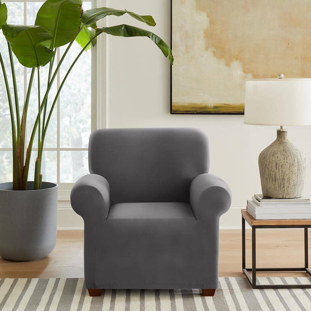 SureFit Hampstead Stretch Velvet Chair Slipcover, One Piece Chair Covers, Charcoal Chair Cover