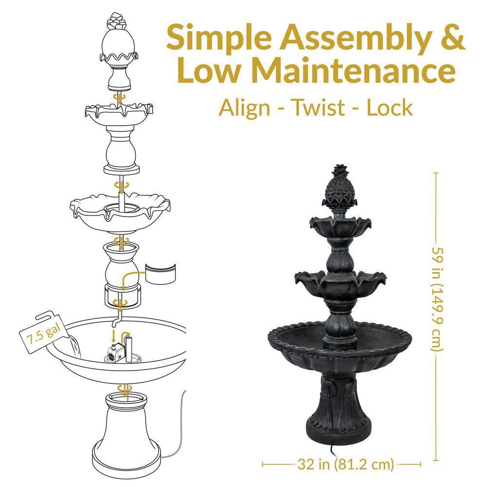 Sunnydaze Electric Fiberglass 3-Tier Welcome Pineapple Top Outdoor Water Fountain - 57" - Deep Espresso