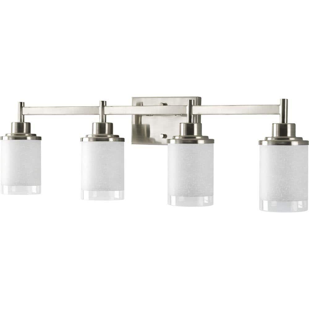Progress Lighting Alexa Collection 4-Light Bath Fixture, Brushed Nickel, White Linen Glass Shade