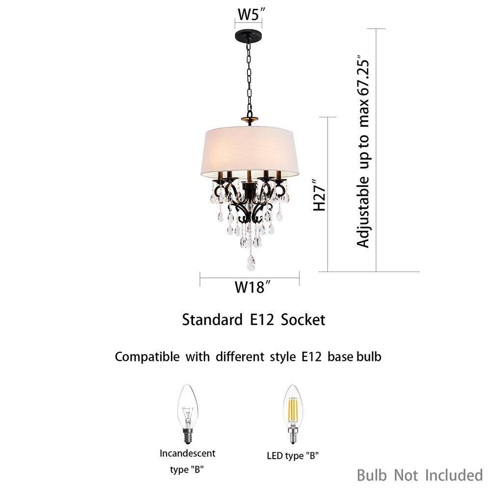 18 in. 5-Light Blackened Bronze Crystal Chandelier with Fabric Shade