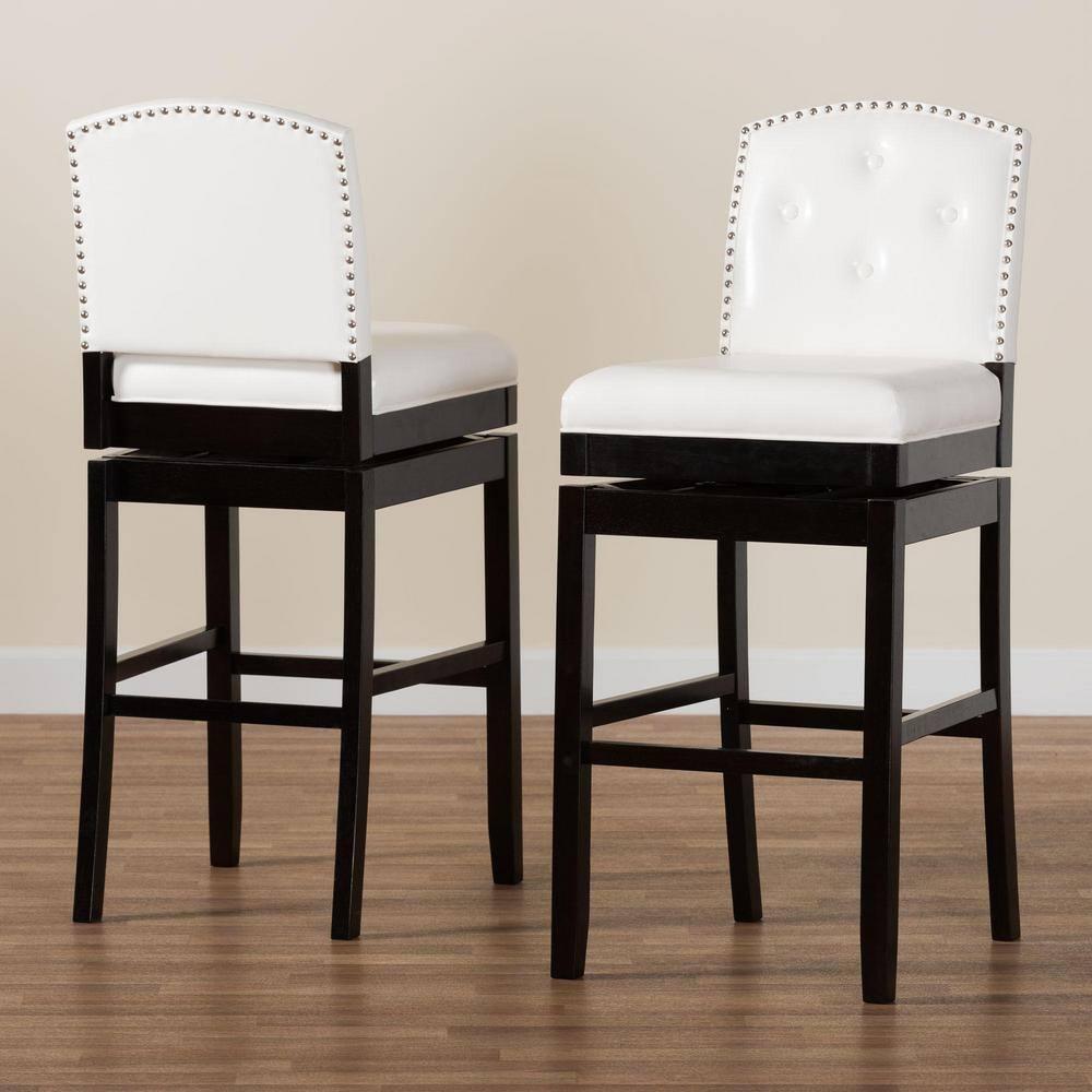 Set of 2 Ginaro Faux Leather Button Tufted Upholstered Swivel Barstools White - Baxton Studio: Nailhead Trim, Rubberwood Frame
