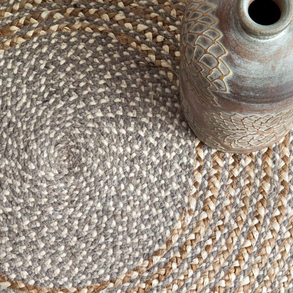 Nuloom Draya Solid 6 Round Wool Jute Indoor Area Rug for Dining Room Rug Neutral Rug Living Room Rug Kitchen, Grey/Ivory