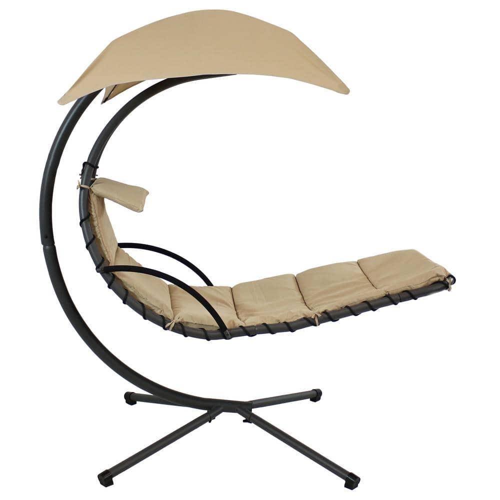 Sunnydaze Outdoor Hanging Chaise Floating Lounge Chair with Canopy Umbrella and Stand, Beige, 2pk
