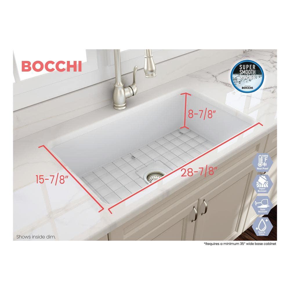 BOCCHI Sotto Undermount Fireclay 32 in. Single Bowl Kitchen Sink with Protective Bottom Grid and Strainer in Matte White