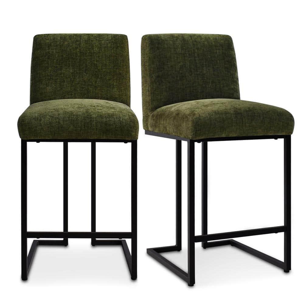 Mason Set of 2 Fabric Counter Height Stools,25" Armless Green Upholstered Fabric With Black Metal Sled Legs Counter Height stools-Maison Boucle