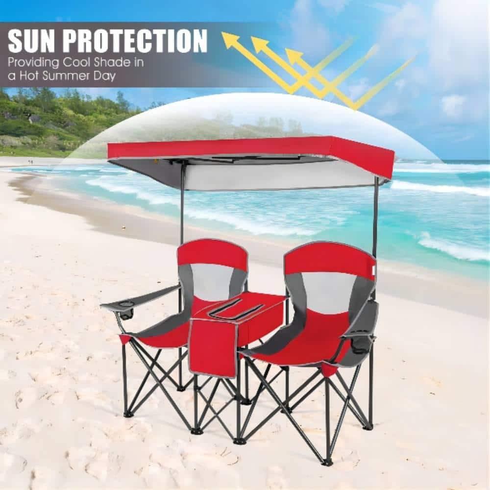 Costway Portable Folding Camping Canopy Chairs w/ Cup Holder Cooler Outdoor Red