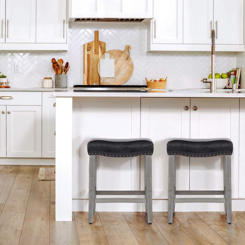 Polytrends Jameson Upholstered Polyester Gray 24 Inch Counter Stool Antique Gray/Black Wood Rubberwood Footrest Leather Glam