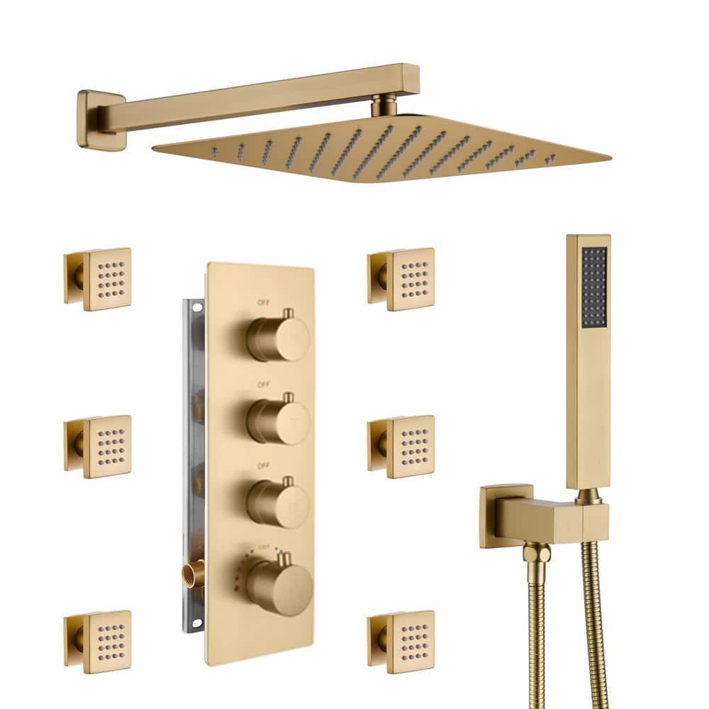 3 Functions Wall Mount Thermostatic Complete Shower System with 6 Body Jets, Rough-in Valve
