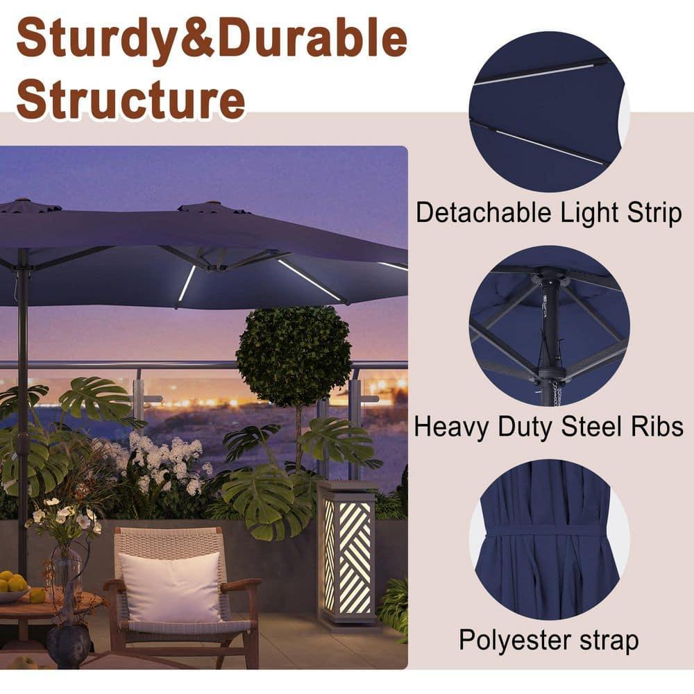 15ft Double-Sided Solar Patio Umbrella with Base (Included) Large Outdoor Umbrella with Solar Lights