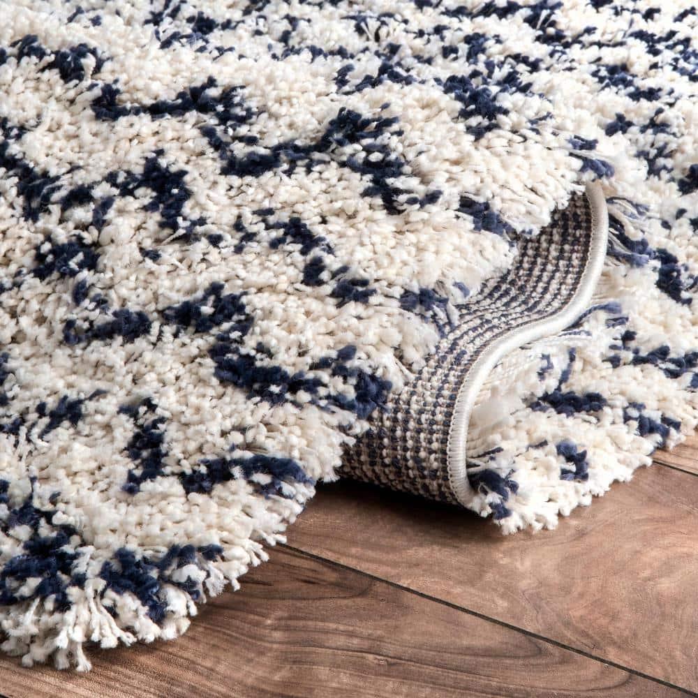 Nuloom Cuellar Striped 9x12 Shag Indoor Area Rug for Living Room Bedroom Dining Room Nursery, Navy/Ivory