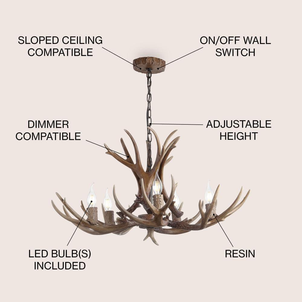JONATHAN Y JYL6300A Eldora 30" Adjustable Resin Antler 5-Light LED Chandelier, Farmhouse, Rustic, Cottage, Transitional for living room, dinning room, bedroom, office Bulb Included, Brown