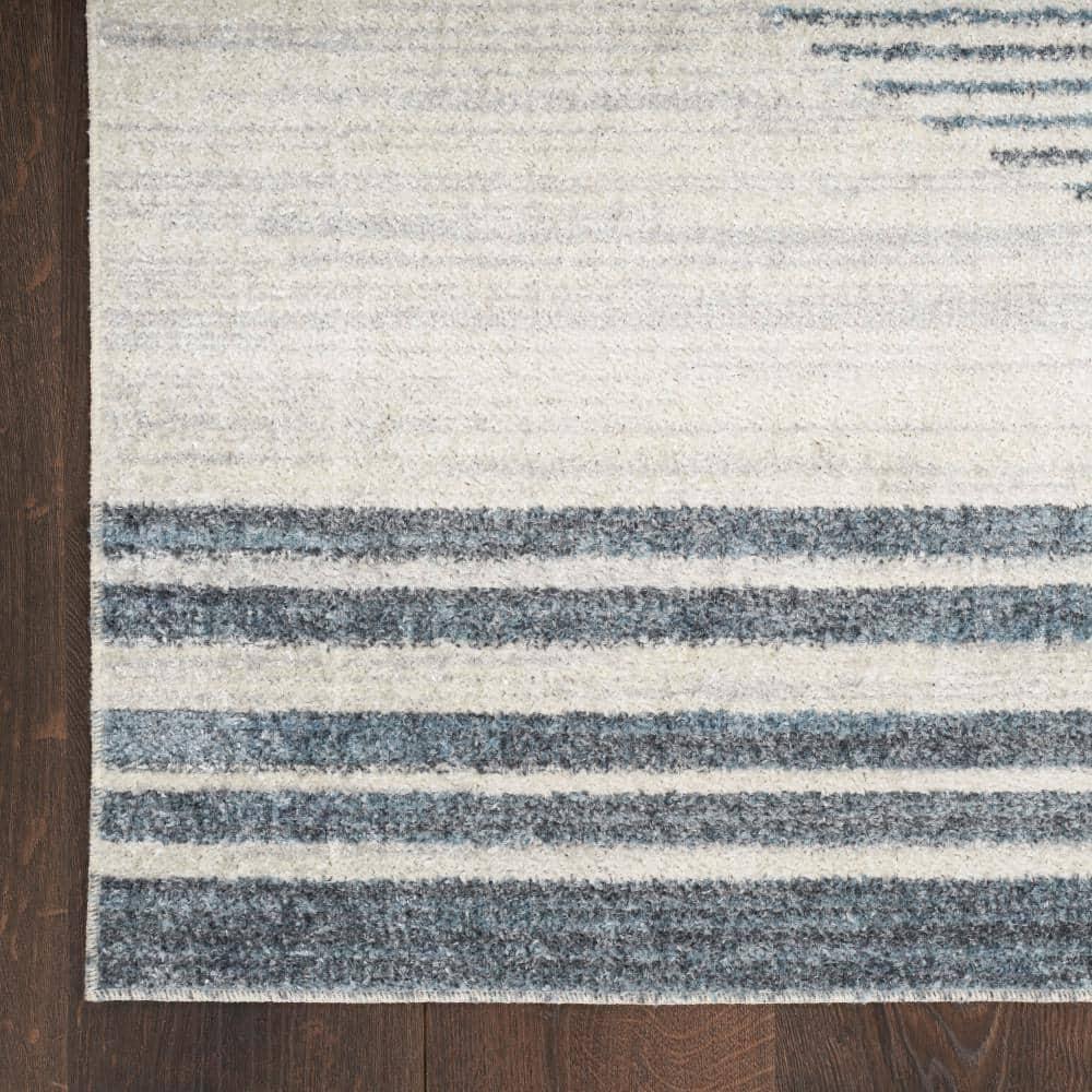 Nourison Astra Machine Washable Stripe Circle Mid-Century Modern Indoor Bathroom, Kitchen Runner Rug Ivory Blue 2'2" x 10'