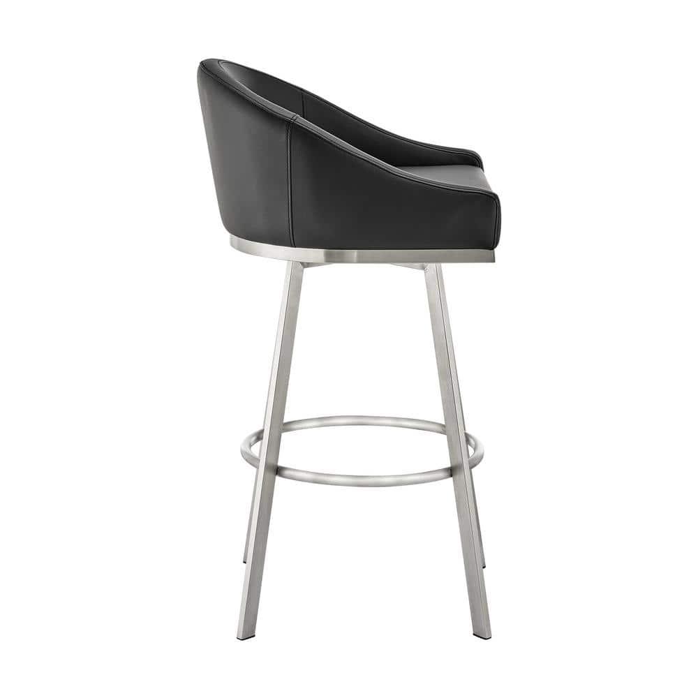 Noran Swivel Bar Stool in Brushed Stainless Steel with Black Faux Leather