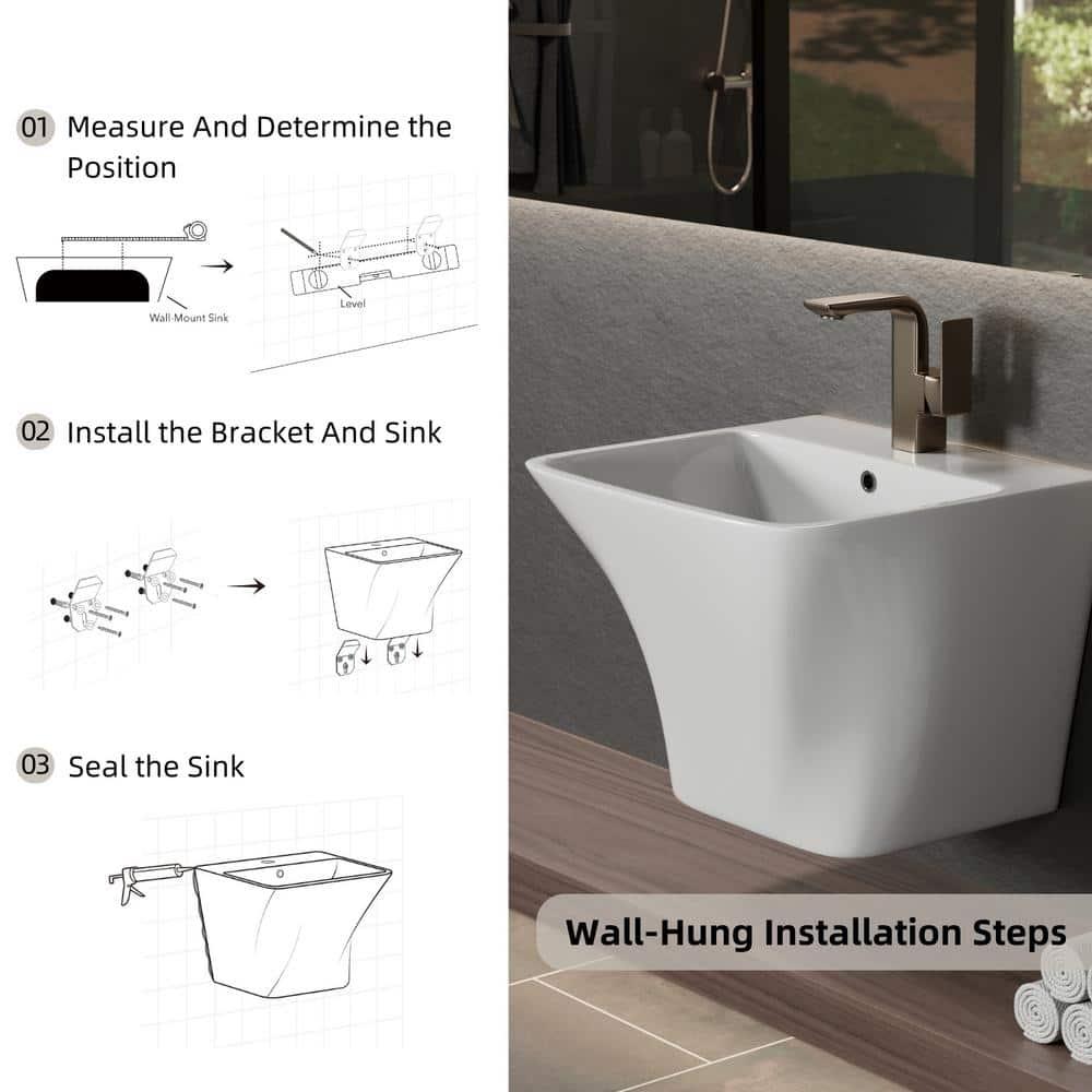 Los Flexi Wall Mount Sink with Overflow, Modern Floating Bathroom Vessel Sink, Single Faucet Hole, Pop-up Drain Included