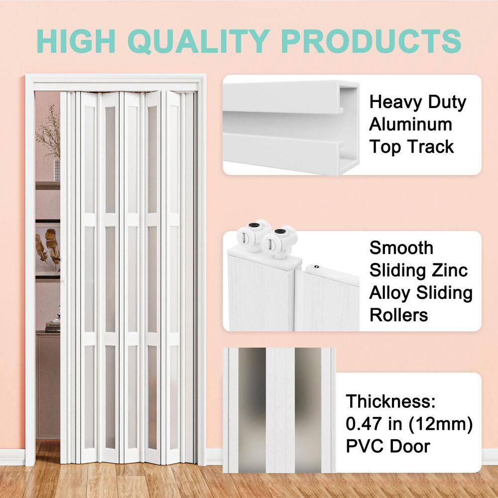 Upgrade Dual Layer Vinyl Accordion Door with Handles and Magnetic Door Lock, 4-Lite Frosted Acrylic Glass, White