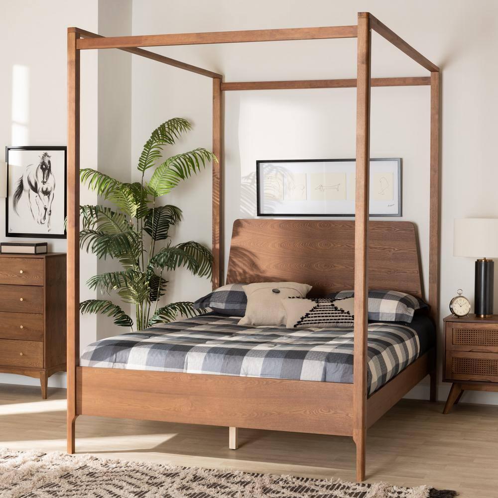 Baxton Studio Roman Ash Walnut Finished Wood Queen Size Canopy Bed