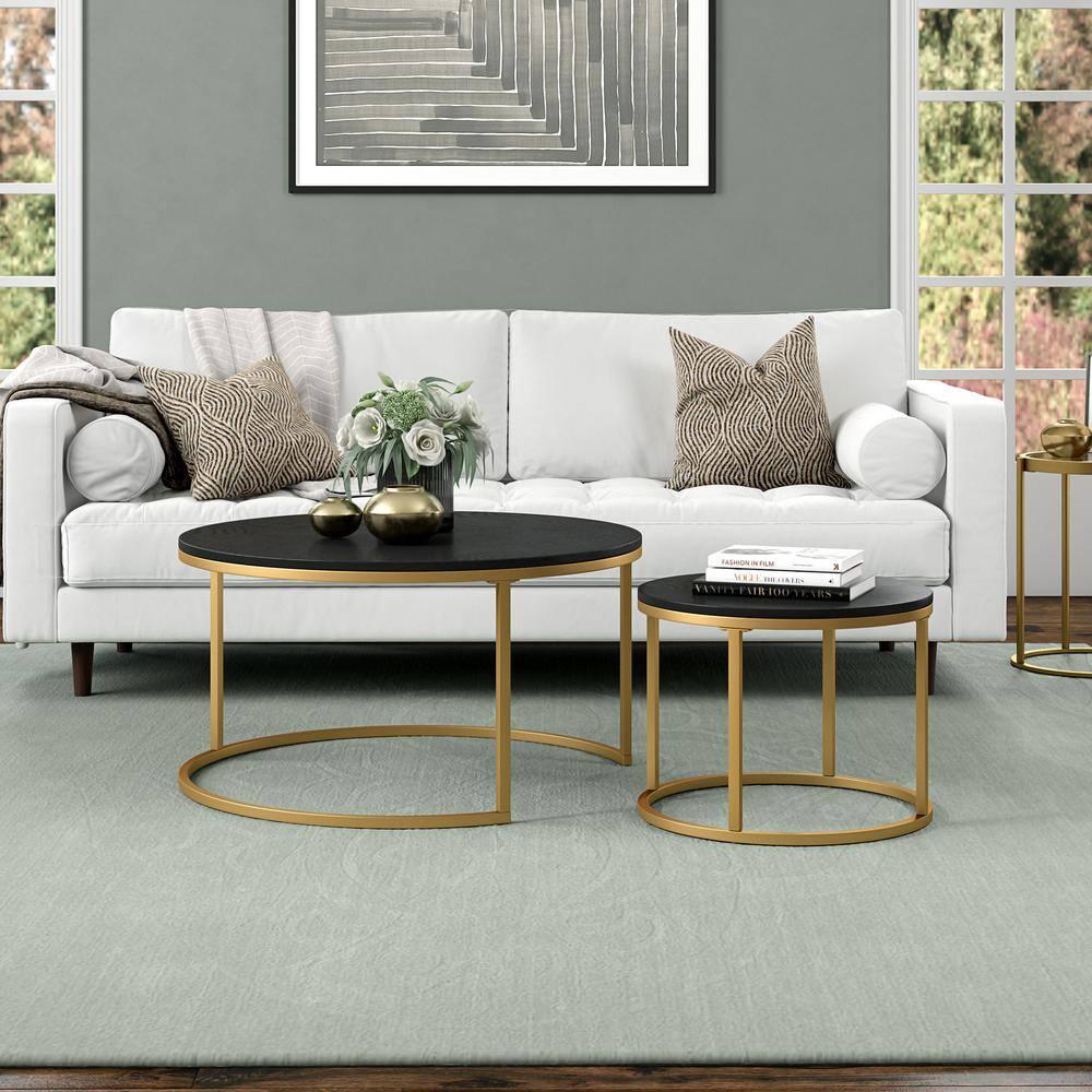 Evelyn&Zoe Watson Round Nested Coffee Table with MDF Top, Gold/Black Grain