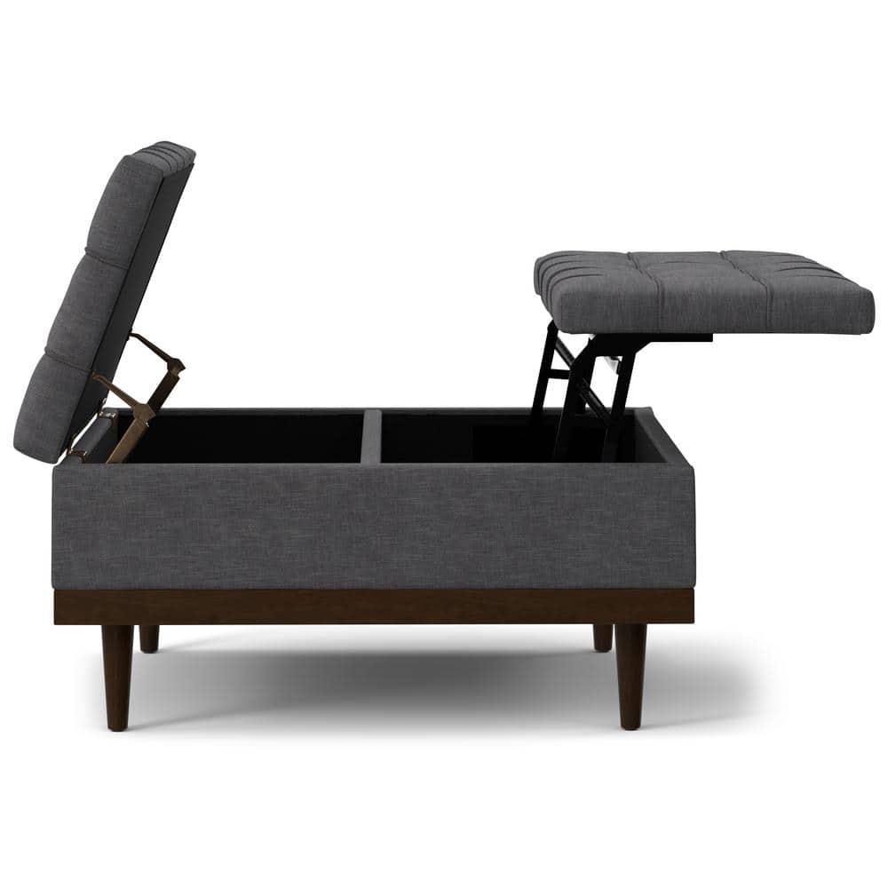 Slate Grey Tufted Lift-Top Cocktail Ottoman with Walnut Base