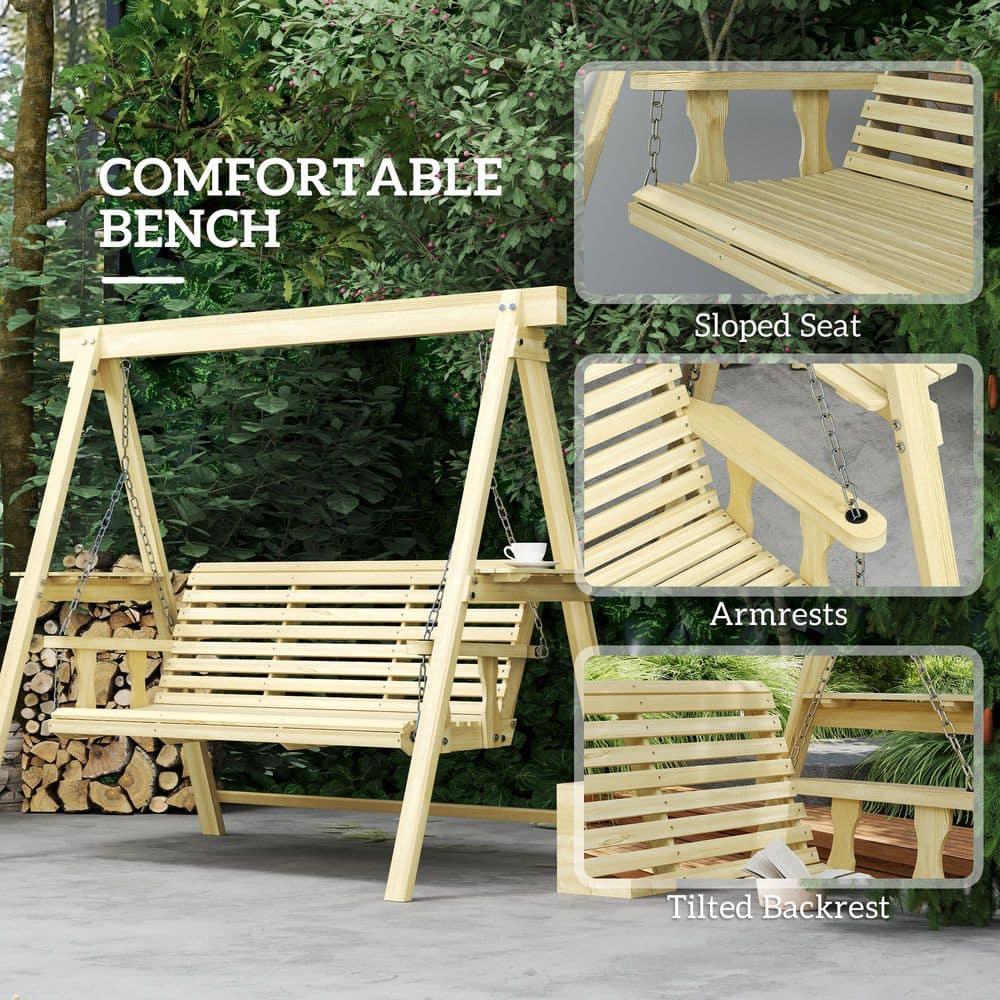 Outsunny 3 Seat Wooden Porch Swing with Stand, Patio Swing Chair with Side Tables, Natural Wood