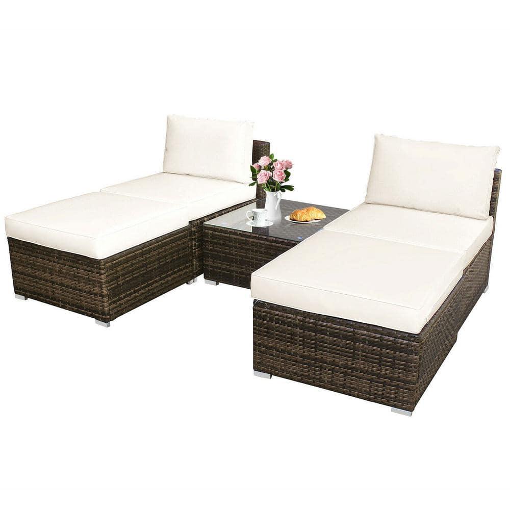 Demifill 5 Pieces Patio Rattan Furniture Set with Cushioned Armless Sofa, Weather-Resistant PE Rattan Sofa Set with Detachable Cushion, Furniture Set for Outdoor as Courtyard, Garden, White